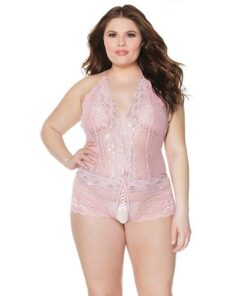 Crystal Pink Halter Crotchless Teddy Pink/Silver OS/XL
