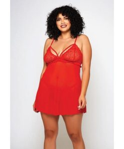 Galloon Lace & Fine Mesh Babydoll & G-String Red 2X