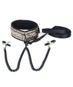 Spartacus Faux Leather Collar & Leash w/Black Nipple Clamps - Gold
