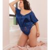 Stretch Satin & Scallop Stretch Lace Off the Shoulder Romper Navy OS/XL