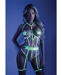 Glow Black Light Embroidered Cupless Garter Teddy (Pasties Not Included) Neon Chartreuse M/L