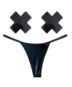 Neva Nude Naughty Knix Dom Squad Wet Vinyl G-String & Pasties - Black O/S