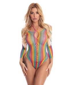 Pink Lipstick More Color Long Sleeve Bodysuit Rainbow O/S
