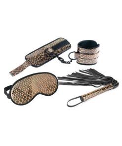 Spartacus Faux Leather Wrist Restraints Blindfold & Flogger Bondage Kit - Gold