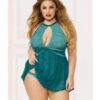 Lace Mesh Babydoll w/Strappy Waist & Panty w/Criss Cross Waistband Teal 3X/4X